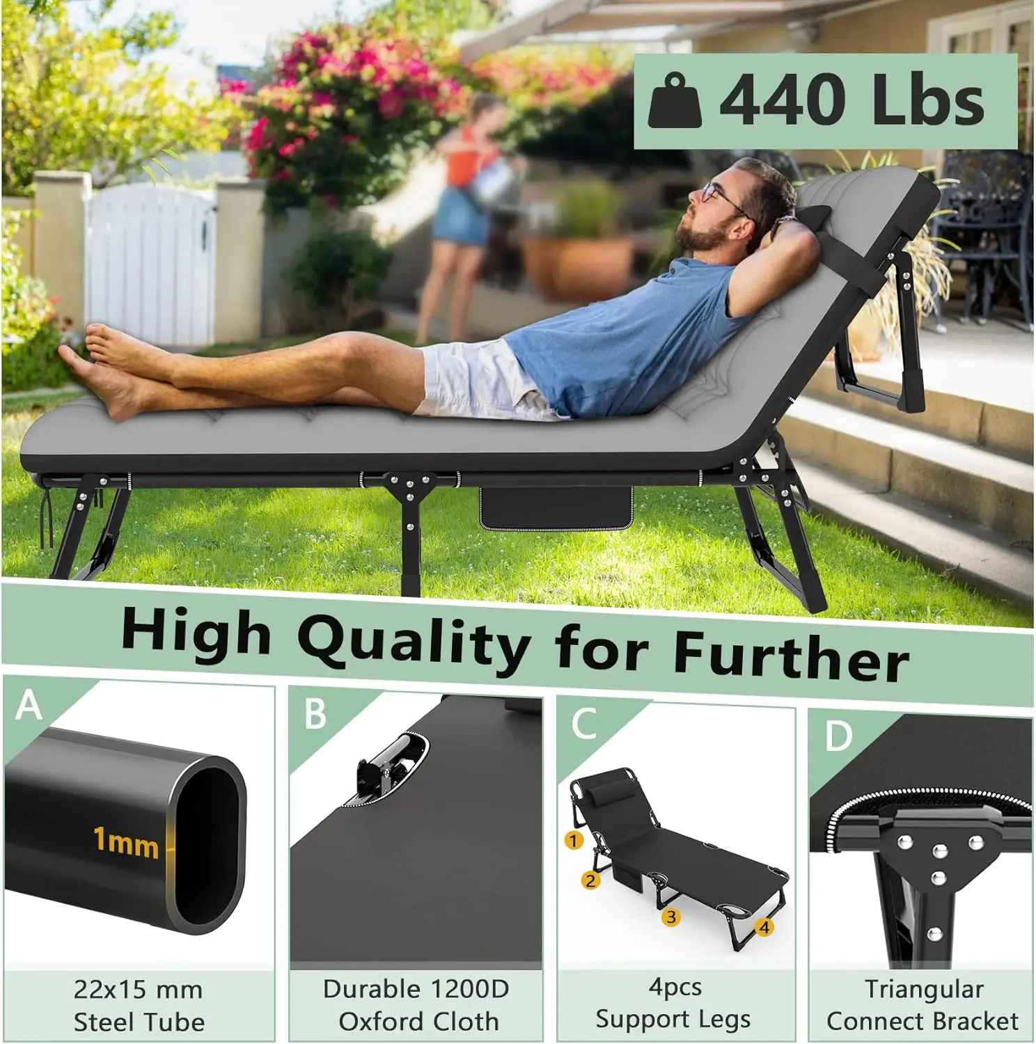Adjustable Folding Camping Cot with Mattress – 5-Position Lounge Bed for Adults