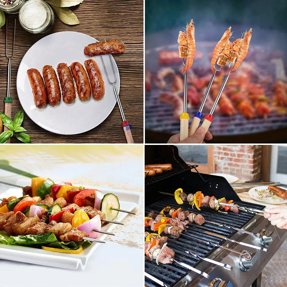 32 inch" Retractable Marshmallow Roasting Sticks – Wooden Handle Campfire Skewers Set